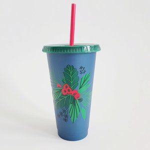 Starbucks 24oz Reusable Cold Cup With Straw Lid Holiday Christmas Blue Holly